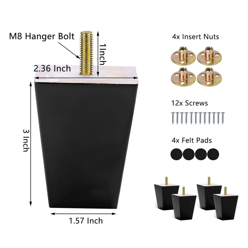 Michanco 3 Inch Black Sofa Legs Set of 4 Square Tapared Wood Furniture Feet for Couch Sofa Ottoman - Image 4